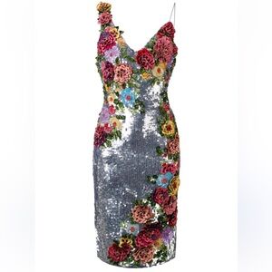 Alice + Olivia Silver Francie Floral Embellished Sequin Cocktail Dress